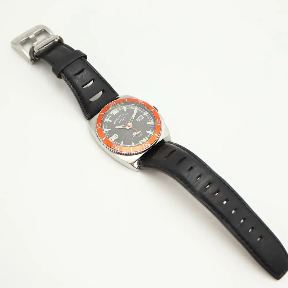 Tommy Bahama Relax Diver 41mm Watch Date Black Leather Silver Orange New Battery